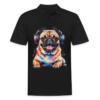 Mops Kopfhörer Hund Bunt Lustig Tier Design Print - Männer Poloshirt - Schwarz - Vorne - Kai (181cm)