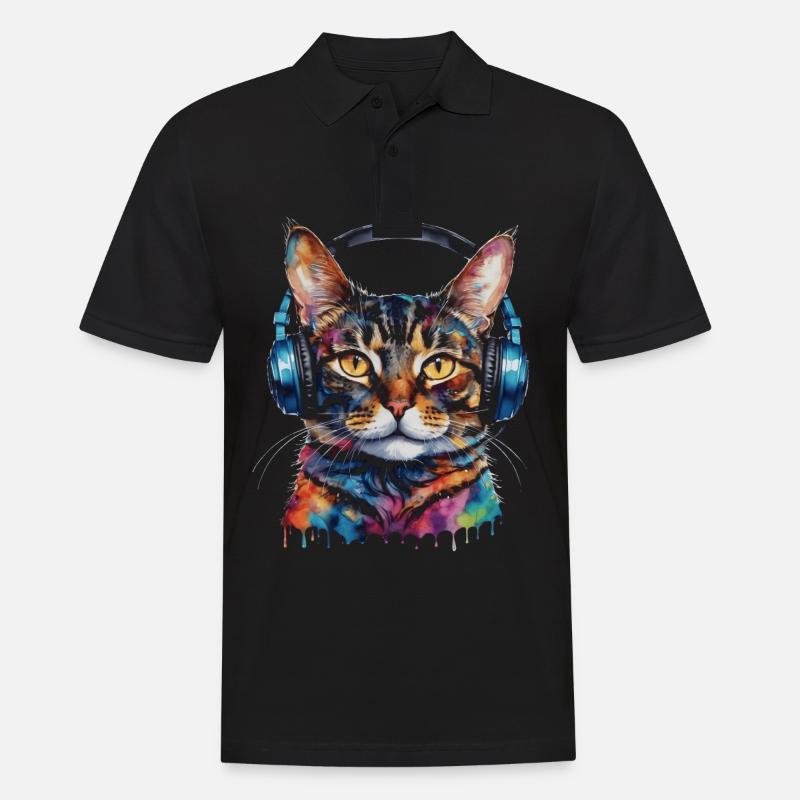 Katze Kopfhörer Bunt Lustig Tier Design Print - Männer Poloshirt - Schwarz