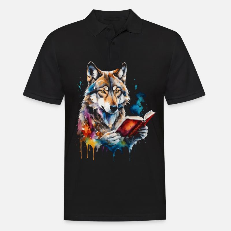 Wolf Lesen Buch Bunt Tier Design Print - Männer Poloshirt - Schwarz