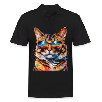 Katze Sonnenbrille Bunt Lustig Tier Design Print - Männer Poloshirt - Schwarz - Vorne - Kai (181cm)