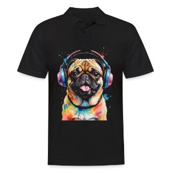 Mops Kopfhörer Hund Bunt Lustig Tier Design Print - Männer Poloshirt - Schwarz - Vorne - Kai (181cm)