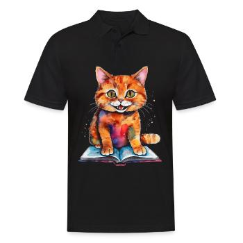 Katze Lesen Buch Bunt Lustig Tier Design Print - Männer Poloshirt - Schwarz - Vorne - Kai (181cm)