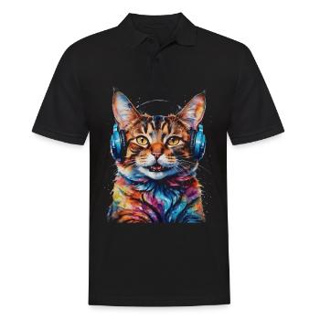 Katze Kopfhörer Bunt Lustig Tier Design Print - Männer Poloshirt - Schwarz - Vorne - Kai (181cm)