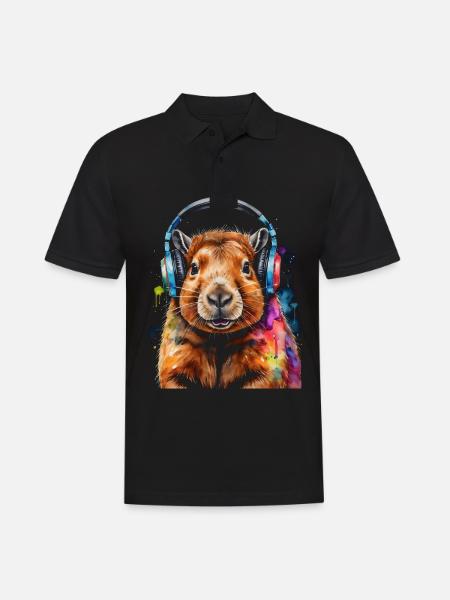 Capybara Kopfhörer Capy Bunt Tier Design Print - Männer Poloshirt - Schwarz