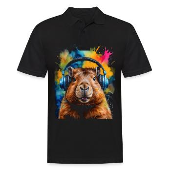 Capybara Headphones Capy Colorful Animal Design Print - Men's Polo Shirt - black - Front - Kai (181cm)
