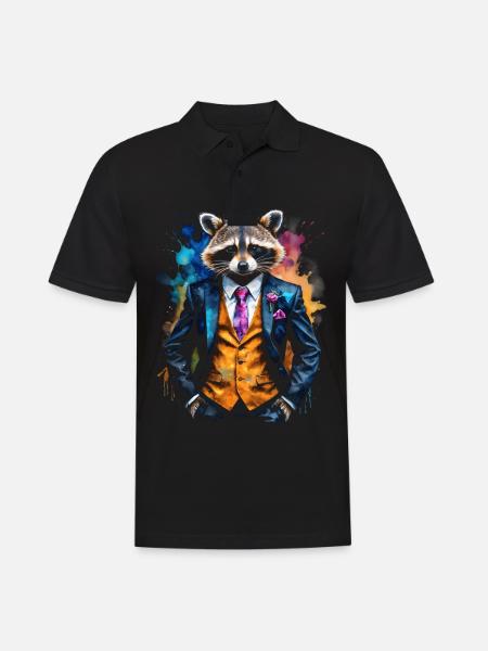 Waschbär Anzug Bunt Tier Design Print - Männer Poloshirt - Schwarz
