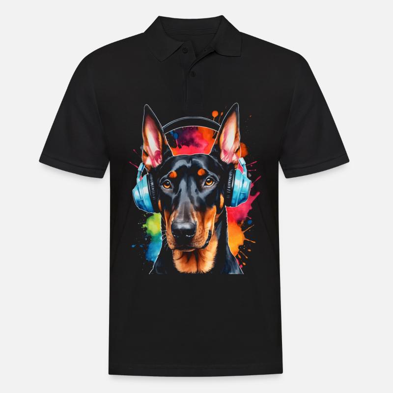 Dobermann Kopfhörer Hund Lustig Tier Design Print - Männer Poloshirt - Schwarz
