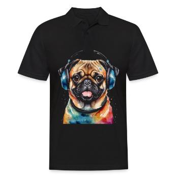 Mops Kopfhörer Hund Bunt Lustig Tier Design Print - Männer Poloshirt - Schwarz - Vorne - Kai (181cm)