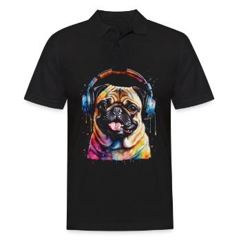 Mops Kopfhörer Hund Bunt Lustig Tier Design Print - Männer Poloshirt - Schwarz - Vorne - Kai (181cm)