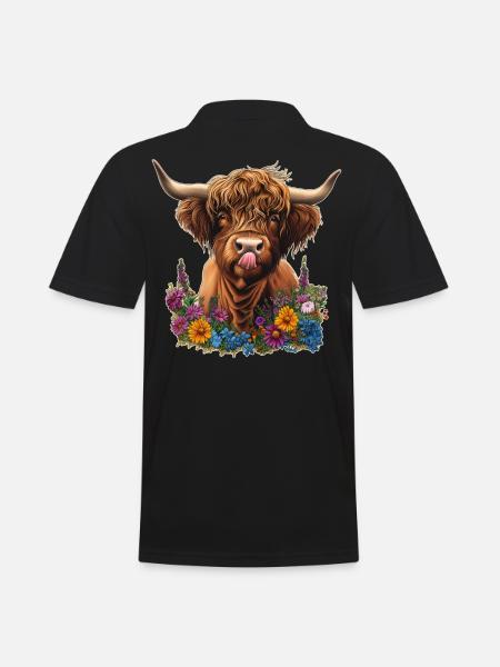 Hochlandrind mit Blumen - Männer Poloshirt - Schwarz