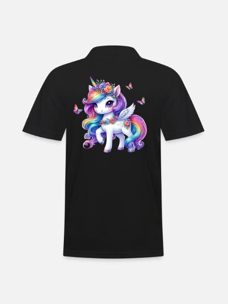 Regenbogenblüte Einhorn Flügel - Männer Poloshirt - Schwarz