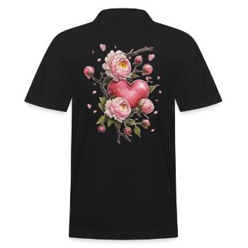 Herz mit Pfingstrosen Valentinstag Liebe Geschenk - Männer Poloshirt - Schwarz - Hinten - Kai (181cm)