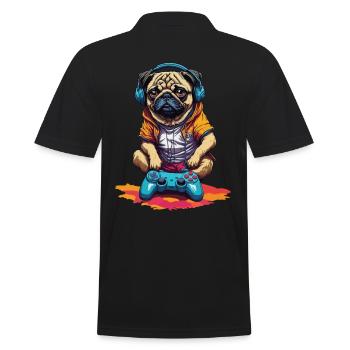Lustiger Nerd Gaming Mops Hund mit Controller - Männer Poloshirt - Schwarz - Hinten - Kai (181cm)