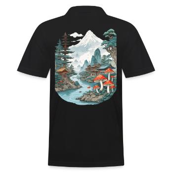 Vintage Mushroom Landscape Japan Aesthetic Design - Men's Polo Shirt - black - Back - Kai (181cm)