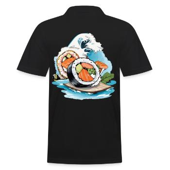 Sushi Retro Japan Ukiyo-E Wave Streetwear Style - Men's Polo Shirt - black - Back - Kai (181cm)