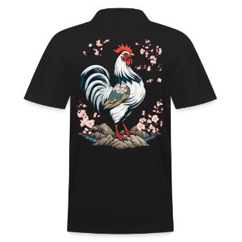 Japanese Rooster Cherry Blossoms Aesthetic Design - Men's Polo Shirt - black - Back - Kai (181cm)