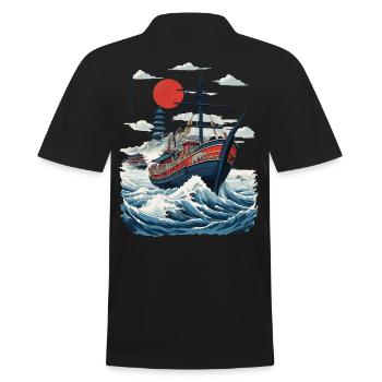 Japan Retro Ukiyo-E Aesthetic Captain Sailboat - Men's Polo Shirt - black - Back - Kai (181cm)