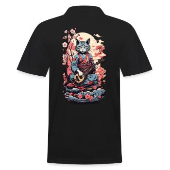 Cat with Shamisen Vintage Japan Yokai Art - Men's Polo Shirt - black - Back - Kai (181cm)