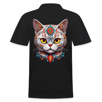 Ikonischer Zuckerschädel & Katze Mexiko Streetwear - Männer Poloshirt - Schwarz - Hinten - Kai (181cm)