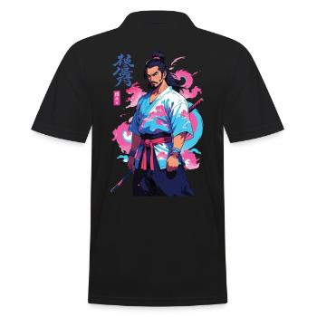 Aesthetic Vaporwave Stil Samurai und Anime Kunst - Männer Poloshirt - Schwarz - Hinten - Kai (181cm)