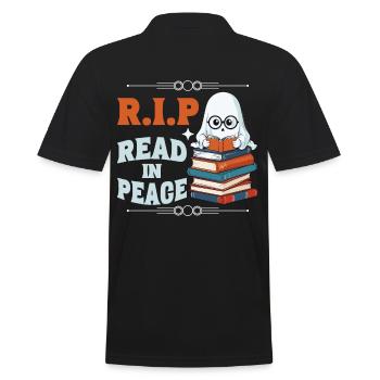 Cute Book Lover Ghost Funny Saying - Men's Polo Shirt - black - Back - Kai (181cm)