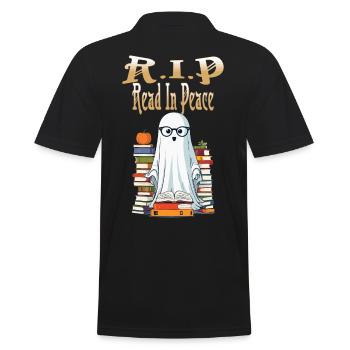 Cute Book Lover Ghost Halloween - Men's Polo Shirt - black - Back - Kai (181cm)