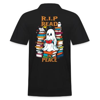 Cute book lover ghost reading in peace - Men's Polo Shirt - black - Back - Kai (181cm)