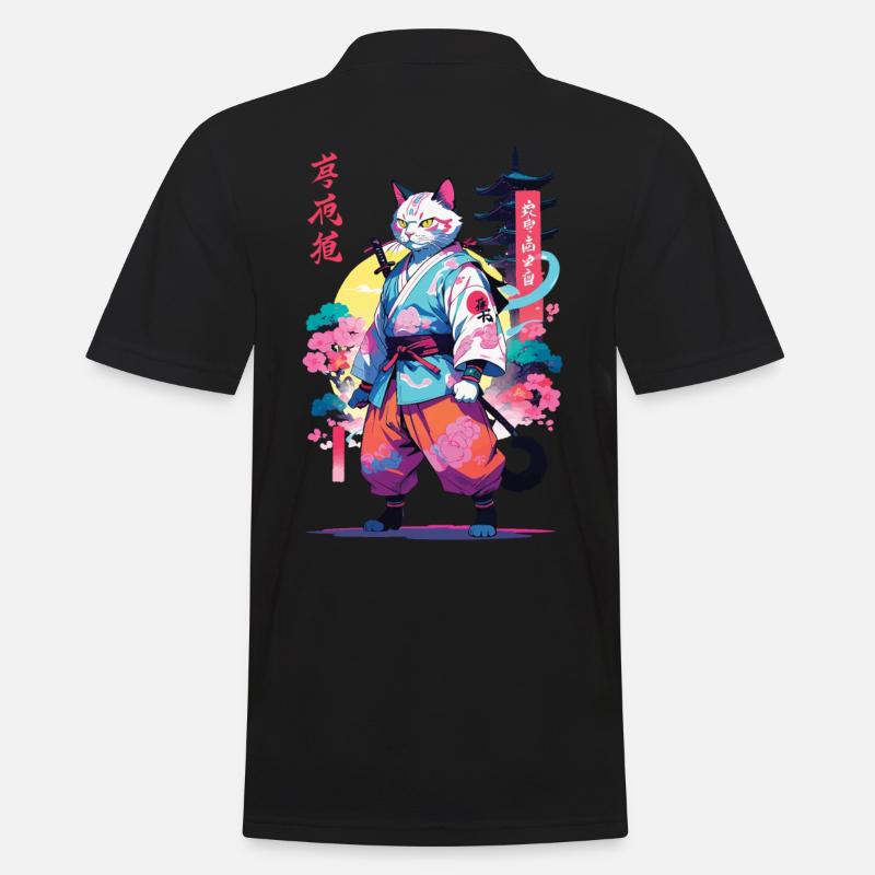 Samurai Katze Vaporwave Aesthetic - Männer Poloshirt - Schwarz