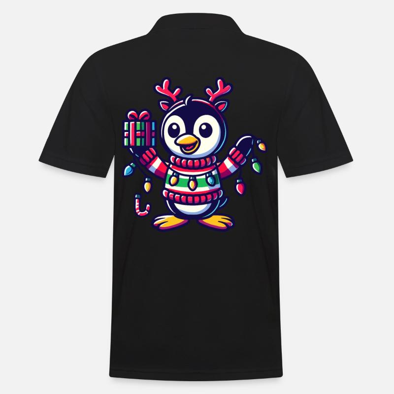 Fröhlicher Pinguin Mit Weihnachtslichtern - Männer Poloshirt - Schwarz