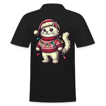 Weihnachtliche Katze Im Pullover Mit Lichterkette - Männer Poloshirt - Schwarz - Hinten - Kai (181cm)