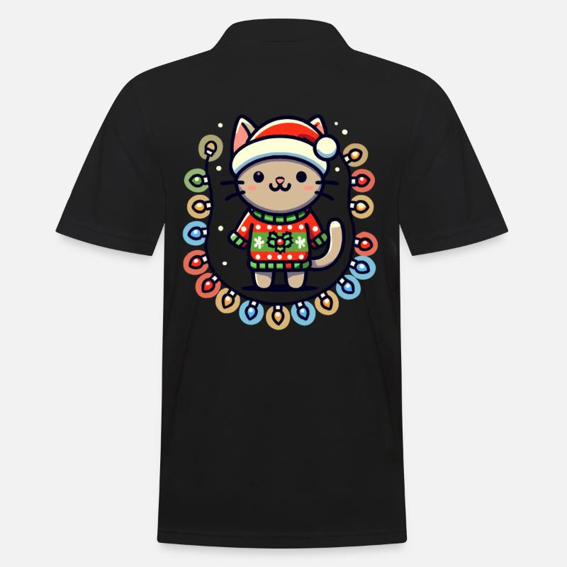 Weihnachtliche Katze Mit Lichterkette - Männer Poloshirt - Schwarz