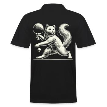 Cute cat playing table tennis with charm - Men's Polo Shirt - black - Back - Kai (181cm)
