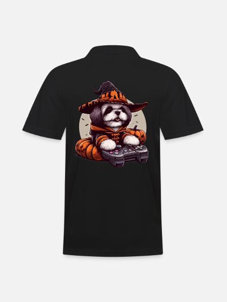Halloween Shih Tzu Hund Zauberer Gamer - Männer Poloshirt - Schwarz