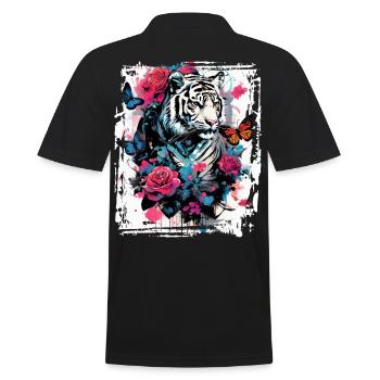 Majestätischer Tiger mit Schmetterlingen und Rosen - Männer Poloshirt - Schwarz - Hinten - Kai (181cm)