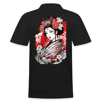 Elegante Geisha mit floralem Kimono Kunst - Männer Poloshirt - Schwarz - Hinten - Kai (181cm)