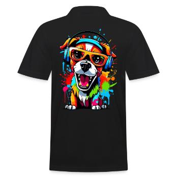 Hund mit Kopfhörer und Sonnenbrille - Männer Poloshirt - Schwarz - Hinten - Kai (181cm)