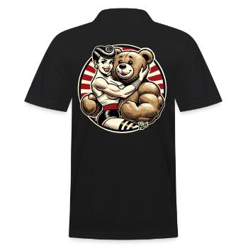 Retro beauty lady with strong stuffed animal bear - Men's Polo Shirt - black - Back - Kai (181cm)