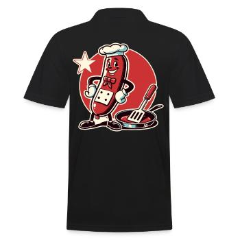 Der Koch ist eine lustige Bratwurst mit Pfanne - Männer Poloshirt - Schwarz - Hinten - Kai (181cm)