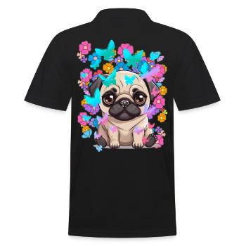 Hund Hunde Mops Frühling Blumen Schmetterlinge - Männer Poloshirt - Schwarz - Hinten - Kai (181cm)