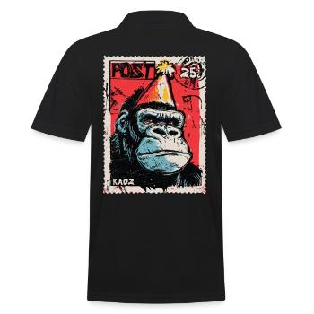 Gorilla mit Partyhut auf einer Briefmarke - Männer Poloshirt - Schwarz - Hinten - Kai (181cm)