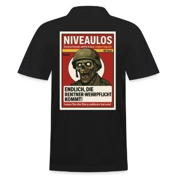 Satire Magazin mit Zombie Soldat und Schlagzeile - Männer Poloshirt - Schwarz - Hinten - Kai (181cm)