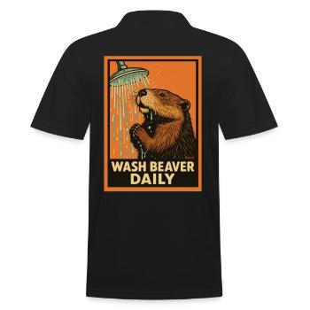 Biber unter Dusche mit lustigem Spruch - Männer Poloshirt - Schwarz - Hinten - Kai (181cm)