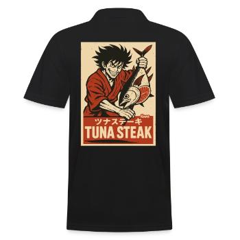 Mann im Kimono mit Thunfisch und Schriftzug „Tuna - Männer Poloshirt - Schwarz - Hinten - Kai (181cm)