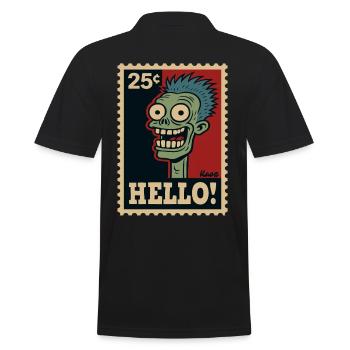 Comic zombie on postage stamp with "HELLO!" - Men's Polo Shirt - black - Back - Kai (181cm)
