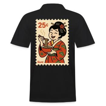 Geisha in kimono with noodle bowl on postage stamp - Men's Polo Shirt - black - Back - Kai (181cm)