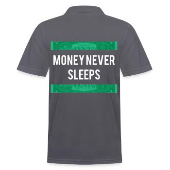 MONEY NEVER SLEEPS Bitcoin Aktien Shirt - Männer Poloshirt - Anthrazit - Hinten - Nico (186cm)