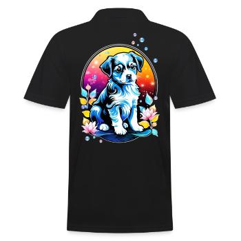 Cute puppy with lotus flowers - Men's Polo Shirt - black - Back - Kai (181cm)
