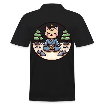 Ruhige Samurai-Katze in einem Zen-Garten - Männer Poloshirt - Schwarz - Hinten - Kai (181cm)