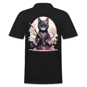 Kawaii cat in samurai outfit with Japanese style - Men's Polo Shirt - black - Back - Kai (181cm)