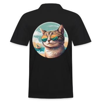 Cat on the beach with sunglasses and sailboat - Men's Polo Shirt - black - Back - Kai (181cm)